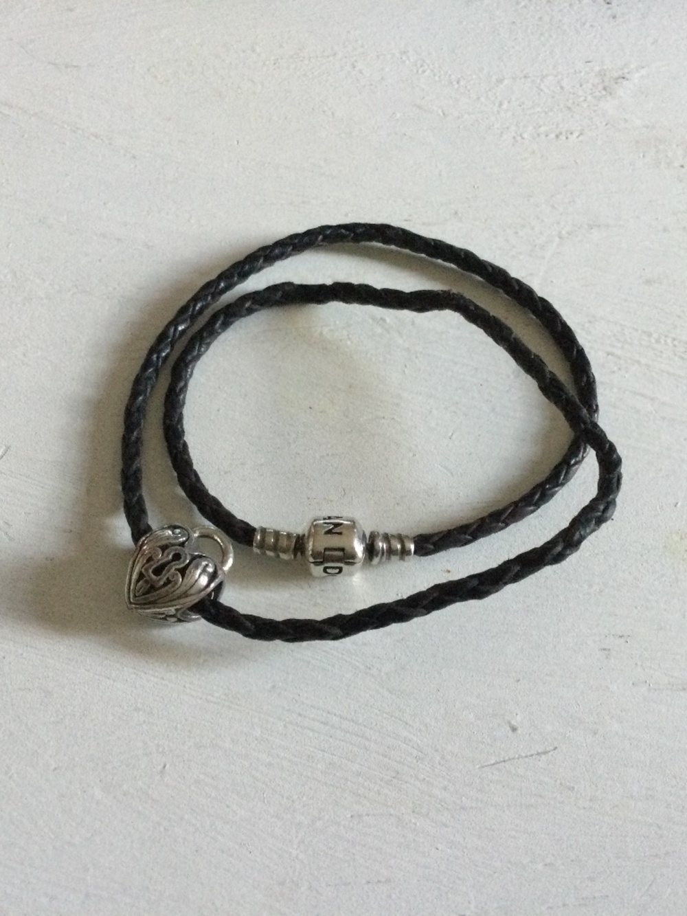 15” Brown Leather Double-Braided Pandora Bracelet w Sterling Heart Padlock Charm